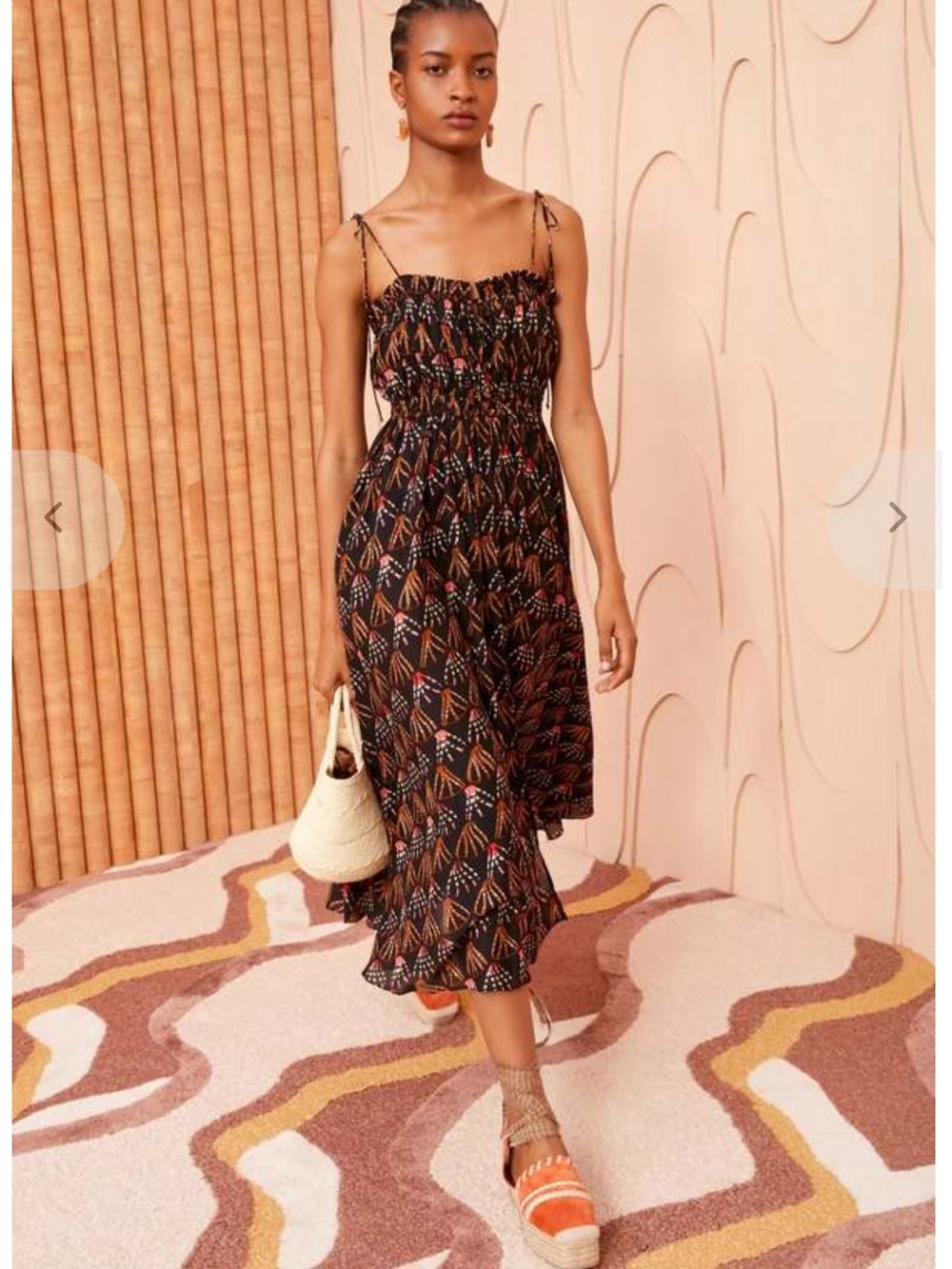 Ulla Johnson Black Printed Smocked Midi Dress with Tie Straps